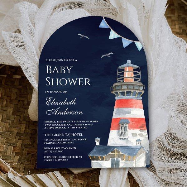 Watercolor Lighthouse Nautical Navy