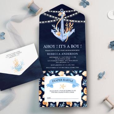 Watercolor Nautical Anchor Navy Blue Baby Shower All In One
