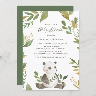 Watercolor Panda with Foliage Wreath Baby Shower Invitation