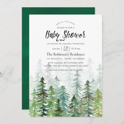 Watercolor Pine Trees Baby Shower Invitation
