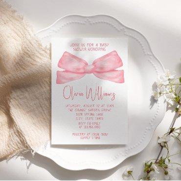 Watercolor Pink Bow Hand Written Baby Girl Shower