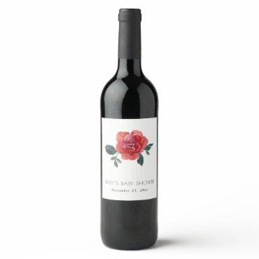 WATERCOLOR RED GREEN ROSE FLORAL BABY SHOWER WINE LABEL