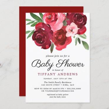 Watercolor Romantic Red Roses Baby Shower Invite