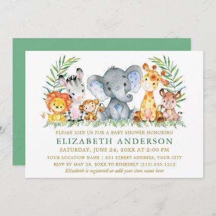 Watercolor Safari Animals Baby Shower Green Gold Invitation