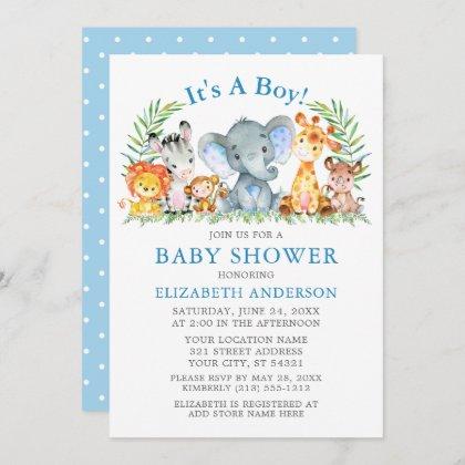 Watercolor Safari Animals Blue Dots Baby Shower  Invitation