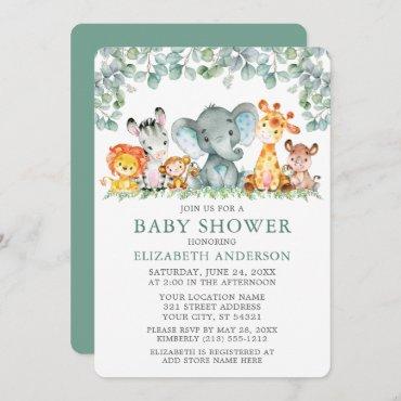 Watercolor Safari Animals Eucalyptus Baby Shower Invitation
