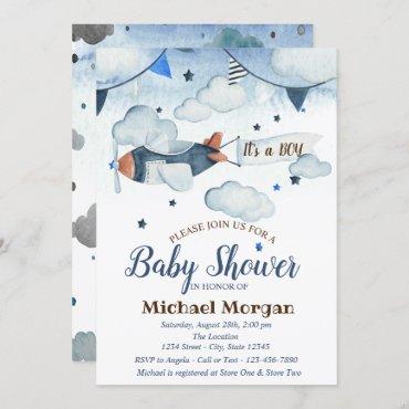 Watercolor Stars,Clouds,Airplane Baby Shower Invitation