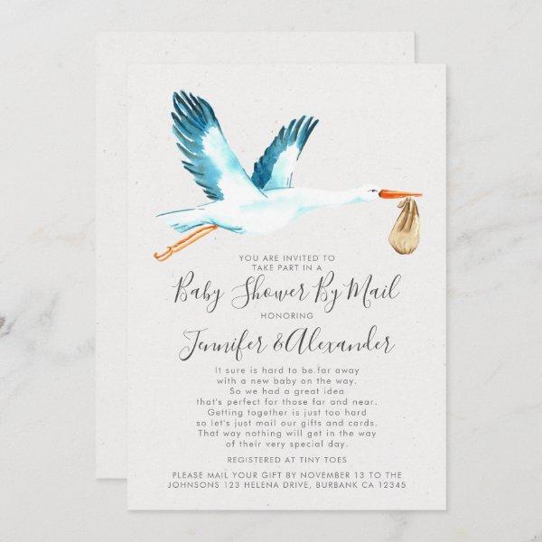 Watercolor Stork Blue Couple'e Baby Shower By Mail