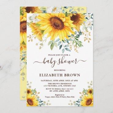 Watercolor Sunflower Greenery Garden Baby Shower Invitation