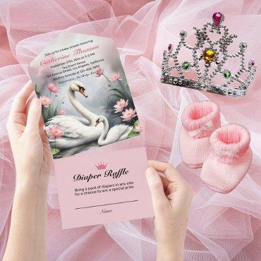 Watercolor Swan Lake Pink Lotus Floral Baby Shower All In One