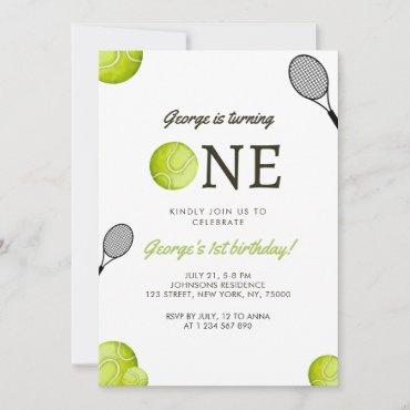 Watercolor Tennis Ball Racket Player 1st Birthday Save The Date
