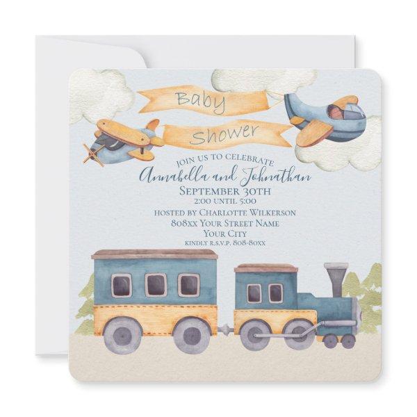 Watercolor Train and Airplanes Baby Boy Blue