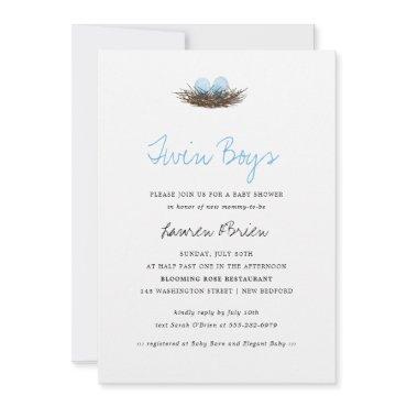 Watercolor Twin Boys Bird's Nest