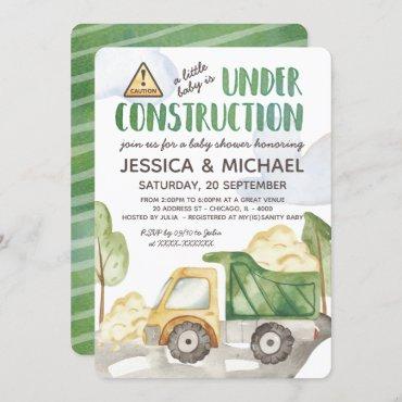 Watercolor Under Construction Truck Baby Shower Invitation
