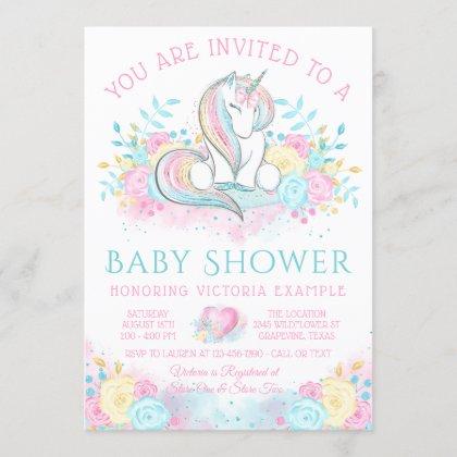 Watercolor Unicorn Girl Baby Shower Invitation