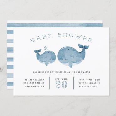 Watercolor Whale Boy's Blue Baby Shower Invitation