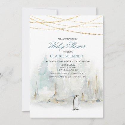 Watercolor Winter Penguin Baby Shower Invitation