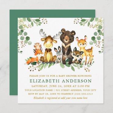 Watercolor Woodland Animals Baby Shower Gold Sq