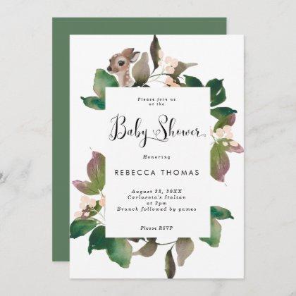 watercolour floral deer baby shower invitation