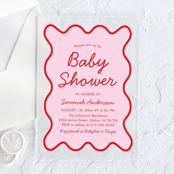 Wavy Modern Curvy Retro Pink and Red Baby Shower Acrylic
