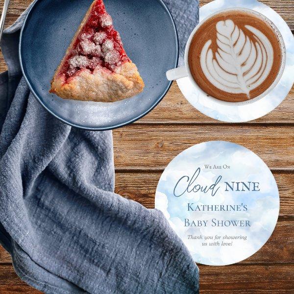 We Are On Cloud Nine Blue Boy Baby Shower Round Paper Coaster