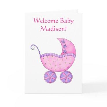 Welcome Baby Girl Name Personalized Pink Buggy Card