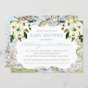 Welcome To The World Floral Map Blue Baby Shower Invitation