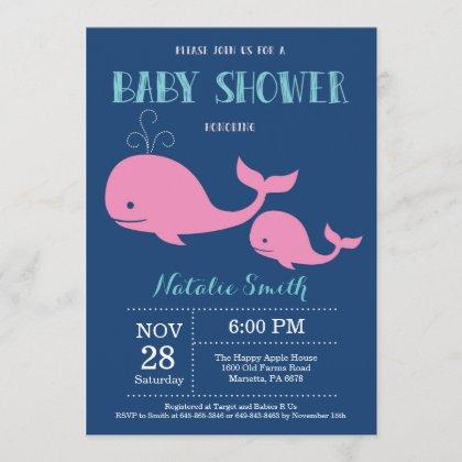 Whale Baby Shower Invitation Navy Blue.Nautical