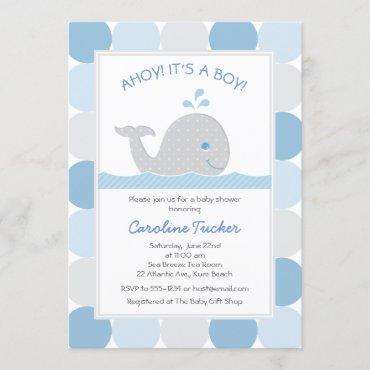 Whale Blue Gray Baby Boy Shower Invitation