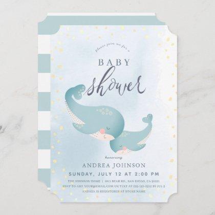 Whales Watercolor Blue Boy Baby Shower Invitation