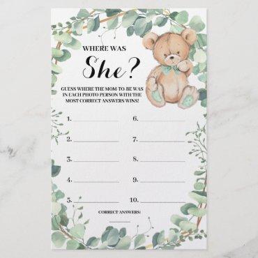 Where was She Bear Greenery Baby Shower Game Card Flyer