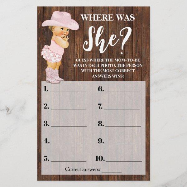 Where was She Pink Cowgirl Baby Shower Game Card Flyer