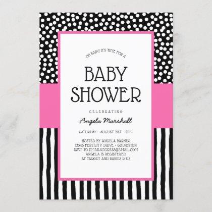 Whimsical Black White and Pink Baby Shower Invitation