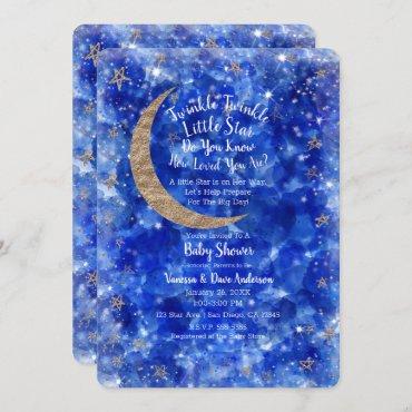 Whimsical Blue Gold Bronze Moon Stars Baby Shower Invitation