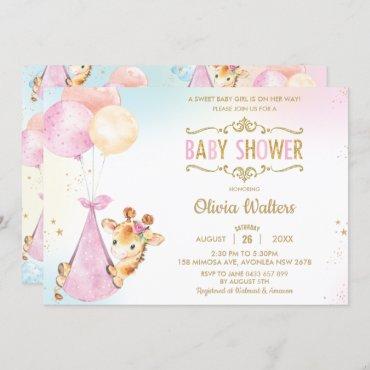Whimsical Cute Giraffe Balloons Baby Shower Girl Invitation