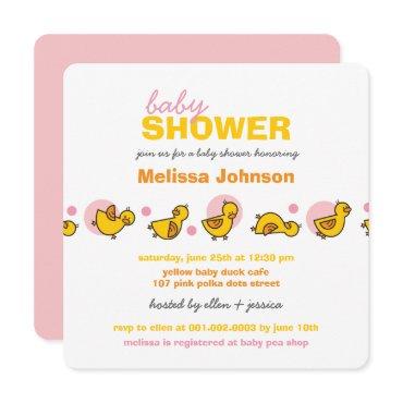 Whimsical Ducks Pink Dots Baby Girl Shower Invite