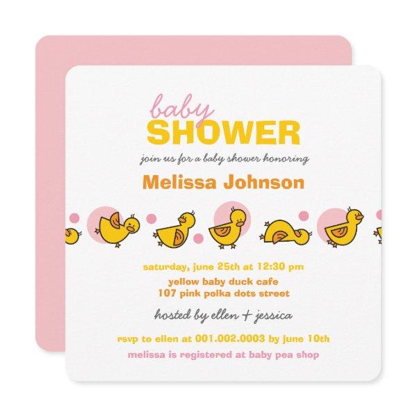 Whimsical Ducks Pink Dots Baby Girl Shower Invite