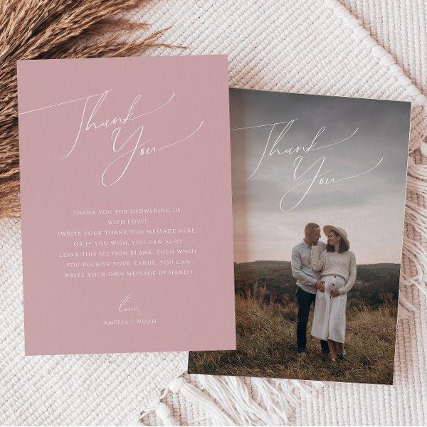 Whimsical Dusty Rose Vertical Photo Baby Shower Thank You Card
