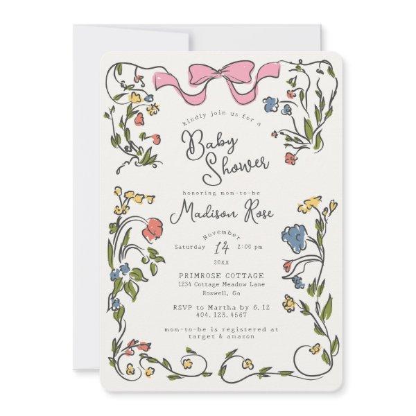 Whimsical Floral Girl Doodle Baby Shower Invite