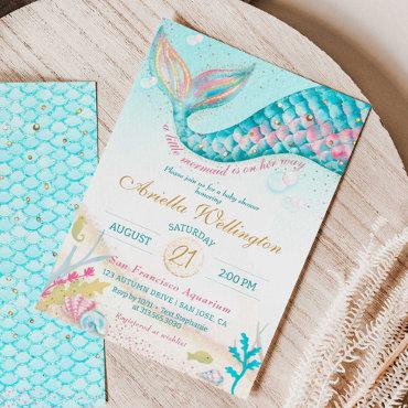 Whimsical Mermaid Girl Baby Shower Teal Pink Gold