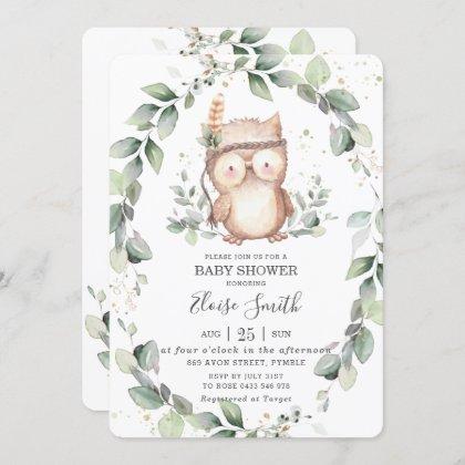 Whimsical Owl Rustic Greenery Neutral Baby Shower  Invitation