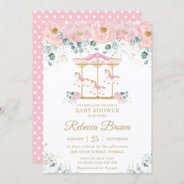Whimsical Pink Floral Carousel Girl Baby Shower Invitation