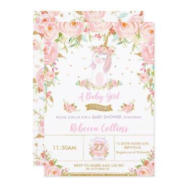 Whimsical Pink Floral Unicorn Baby Shower Girl