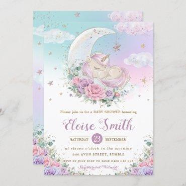Whimsical Unicorn Moon Purple Floral Baby Shower Invitation