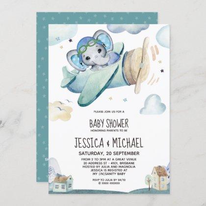 Whimsical Watercolor Elephant Airplane Baby Shower Invitation