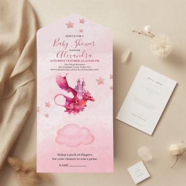 Whimsical Watercolor Pink Dragon Baby Shower  All In One