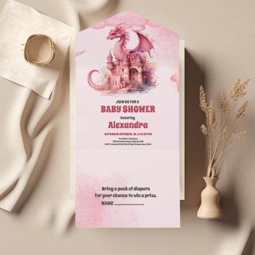 Whimsical Watercolor Pink Dragon Baby Shower  All In One