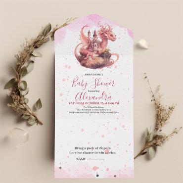Whimsical Watercolor Pink Dragon Baby Shower  All In One