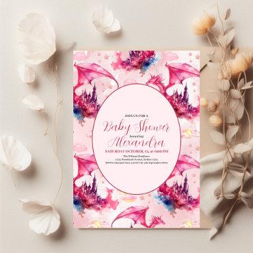 Whimsical Watercolor Pink Dragon Baby Shower