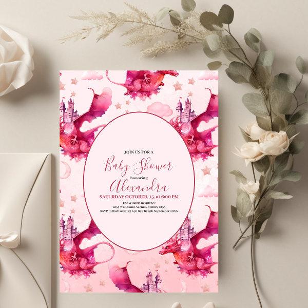 Whimsical Watercolor Pink Dragon Baby Shower